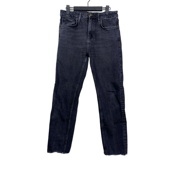 Zara Denim - ZARA Straight Leg Cropped High Waisted Stretch Jeans Raw Hem 6 Rinsed Black